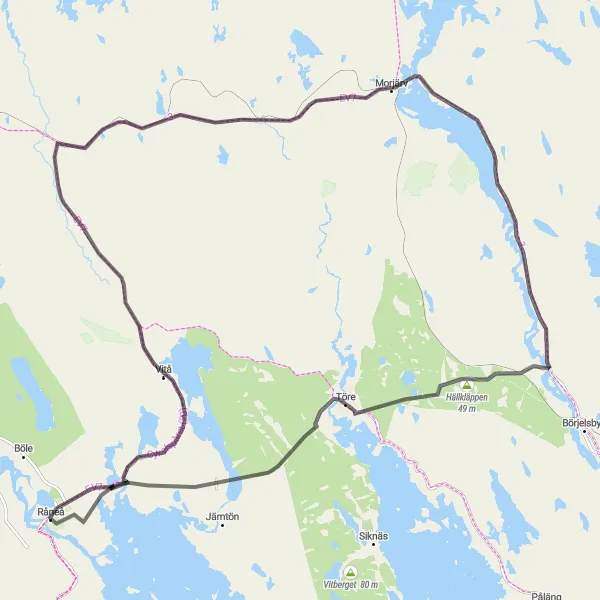 Kartminiatyr av "Råneå - Avafors - Morjärv - Storberget - Bondersbyn - Töre" cykelinspiration i Övre Norrland, Sweden. Genererad av Tarmacs.app cykelruttplanerare