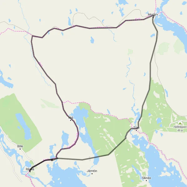 Map miniature of "Råneå to Avafors and Morjärv" cycling inspiration in Övre Norrland, Sweden. Generated by Tarmacs.app cycling route planner