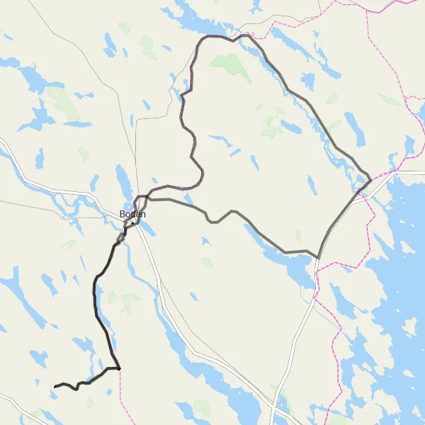 Map miniature of "Råneå to Mjösjöberget and Niemisel" cycling inspiration in Övre Norrland, Sweden. Generated by Tarmacs.app cycling route planner
