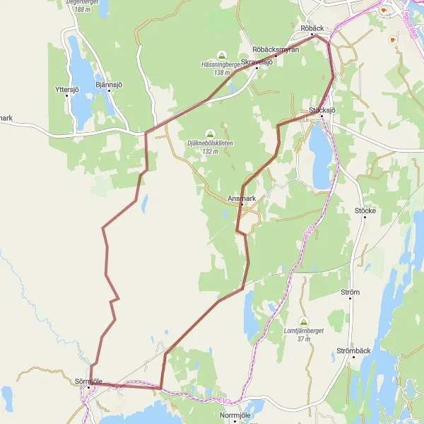 Map miniature of "In the Footsteps of Jättstuberget: Röbäck and Skravelsjöberget Gravel Tour" cycling inspiration in Övre Norrland, Sweden. Generated by Tarmacs.app cycling route planner