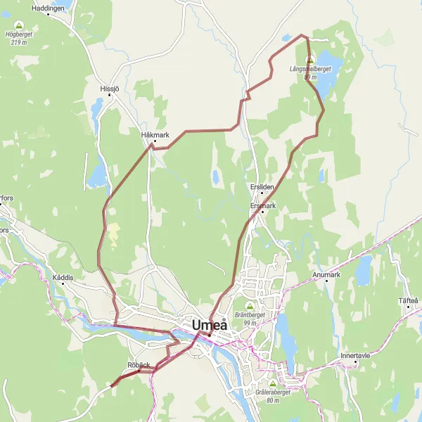 Map miniature of "Umedalen and Ersmark Gravel Adventure" cycling inspiration in Övre Norrland, Sweden. Generated by Tarmacs.app cycling route planner