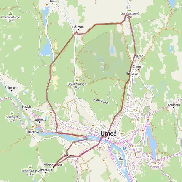 Map miniature of "Jättstuberget and Umeå Gravel Loop" cycling inspiration in Övre Norrland, Sweden. Generated by Tarmacs.app cycling route planner