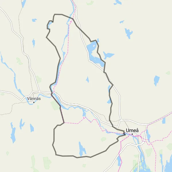 Kartminiatyr av "Lång landsväg genom Norrlands skogar" cykelinspiration i Övre Norrland, Sweden. Genererad av Tarmacs.app cykelruttplanerare