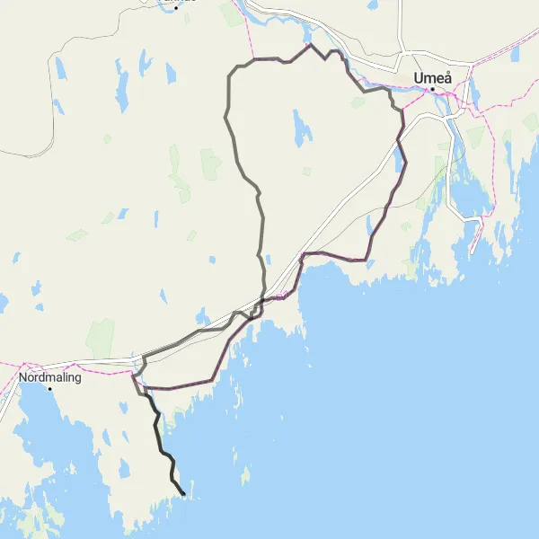 Kartminiatyr av "Umeå till Hörnefors cykeltur" cykelinspiration i Övre Norrland, Sweden. Genererad av Tarmacs.app cykelruttplanerare