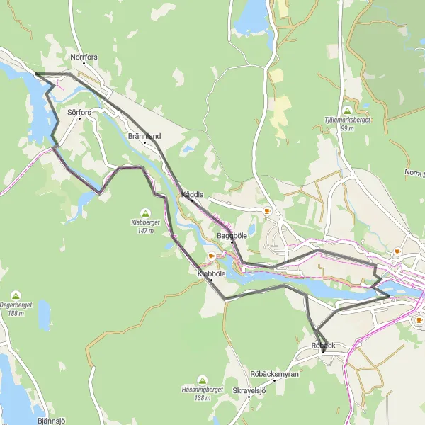 Kartminiatyr av "Utflykt till Umedalen och Norrfors salmon ladder" cykelinspiration i Övre Norrland, Sweden. Genererad av Tarmacs.app cykelruttplanerare