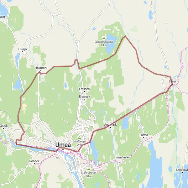 Map miniature of "Sävar - Hömyrberget - Mariehem - Backen - Rättberget - Södra Bäcksjön - Tväråmark Loop" cycling inspiration in Övre Norrland, Sweden. Generated by Tarmacs.app cycling route planner
