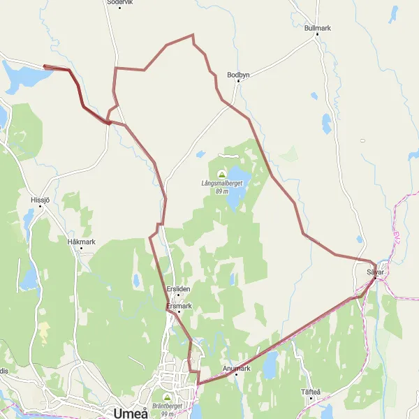 Kartminiatyr av "Utflykt till Ersmark och Sävar" cykelinspiration i Övre Norrland, Sweden. Genererad av Tarmacs.app cykelruttplanerare