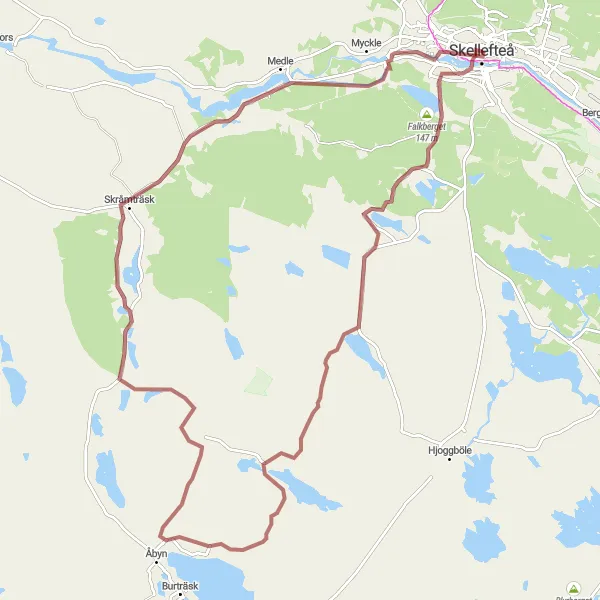 Map miniature of "Gravel Adventure: Rösberget-Å-Lejonströmsbron Loop" cycling inspiration in Övre Norrland, Sweden. Generated by Tarmacs.app cycling route planner