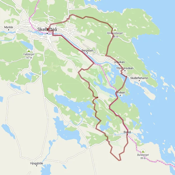 Map miniature of "Scenic Gravel Ride: Bureå-Vitberget-Norrböle Loop" cycling inspiration in Övre Norrland, Sweden. Generated by Tarmacs.app cycling route planner