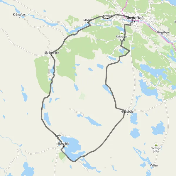 Map miniature of "Rösberget and Burträsk Cycling Route" cycling inspiration in Övre Norrland, Sweden. Generated by Tarmacs.app cycling route planner