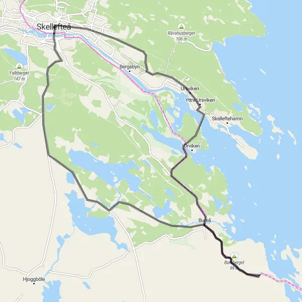 Map miniature of "Skellefteå-Kalkberget-Bureå-Sörböle Loop" cycling inspiration in Övre Norrland, Sweden. Generated by Tarmacs.app cycling route planner