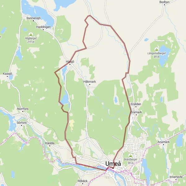 Map miniature of "Tranquil Gravel Route through Umedalen" cycling inspiration in Övre Norrland, Sweden. Generated by Tarmacs.app cycling route planner