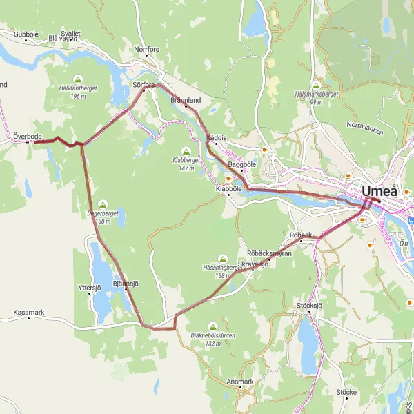 Map miniature of "Umeå outskirts and Röbäck Gravel Route" cycling inspiration in Övre Norrland, Sweden. Generated by Tarmacs.app cycling route planner