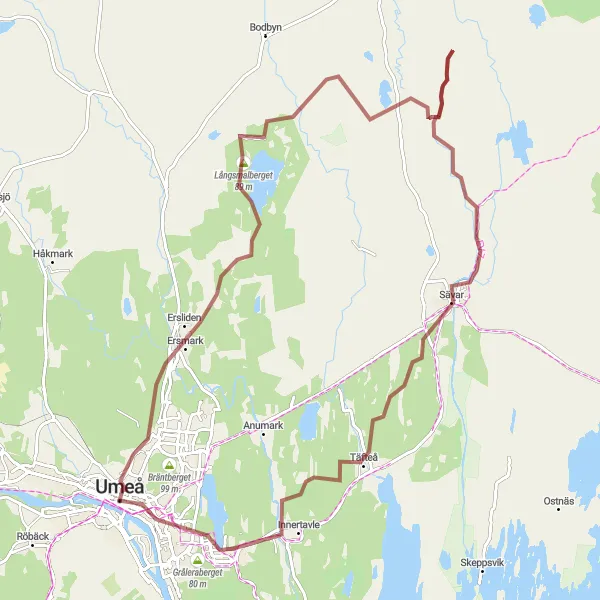 Kartminiatyr av "Äventyrlig grustur till Ersmark och Täfteå" cykelinspiration i Övre Norrland, Sweden. Genererad av Tarmacs.app cykelruttplanerare