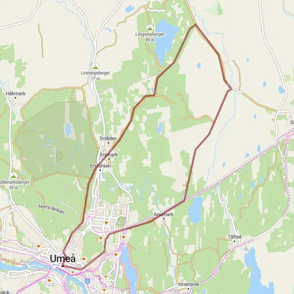 Map miniature of "Gravel Adventure: Umeå to Öbacka" cycling inspiration in Övre Norrland, Sweden. Generated by Tarmacs.app cycling route planner