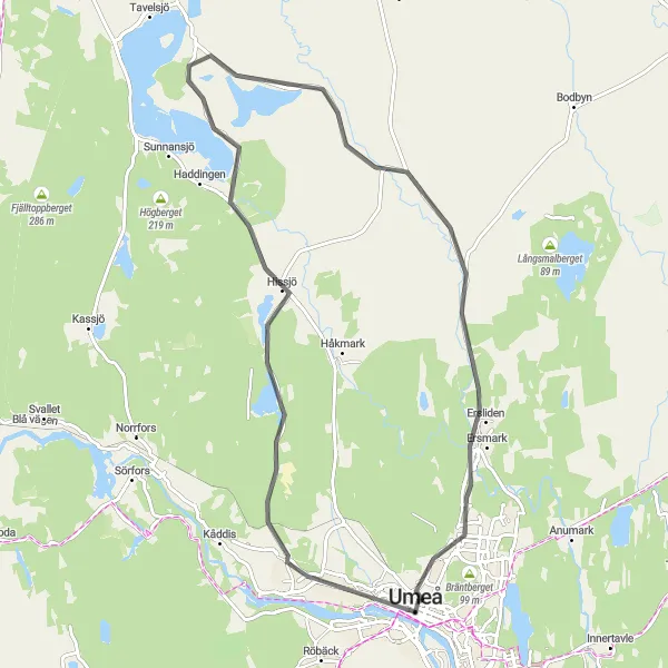 Map miniature of "Countryside Exploration: Backen to Limmingsberget" cycling inspiration in Övre Norrland, Sweden. Generated by Tarmacs.app cycling route planner