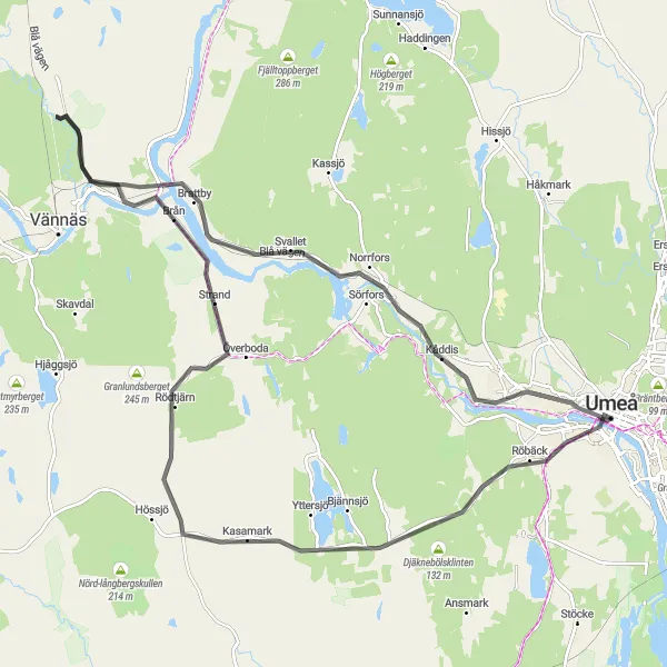 Map miniature of "Umeå to Vännäsby Road Cycling Expedition" cycling inspiration in Övre Norrland, Sweden. Generated by Tarmacs.app cycling route planner