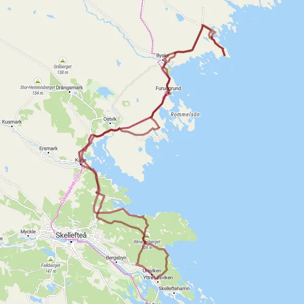 Kartminiatyr av "Grusväg från Rävahusberget till Byske" cykelinspiration i Övre Norrland, Sweden. Genererad av Tarmacs.app cykelruttplanerare