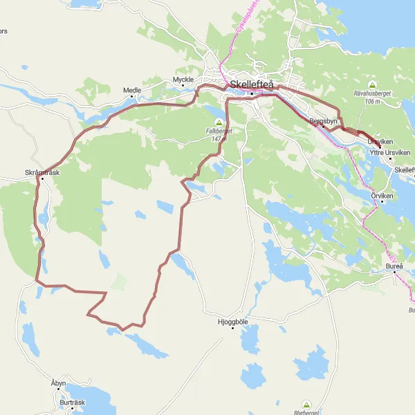 Kartminiatyr av "Äventyr till Rösberget och Lejonströmsbron" cykelinspiration i Övre Norrland, Sweden. Genererad av Tarmacs.app cykelruttplanerare