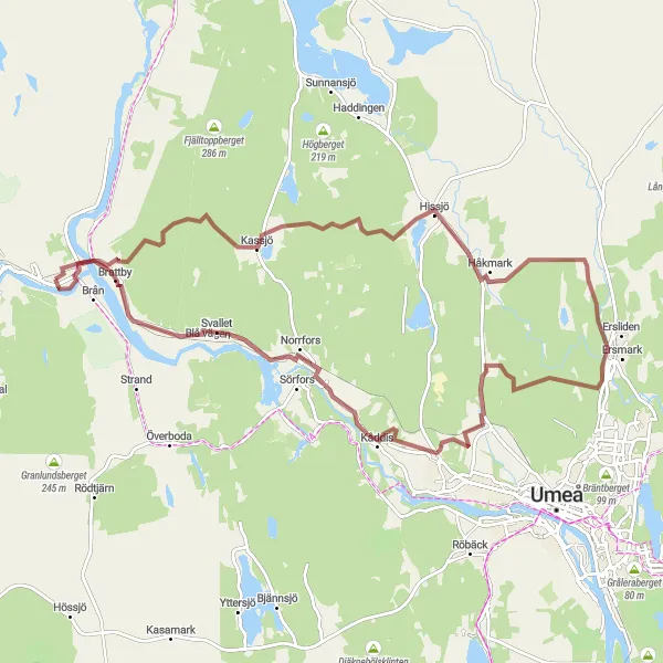 Map miniature of "Vännäsby to Vitberget and Norrfors salmon ladder" cycling inspiration in Övre Norrland, Sweden. Generated by Tarmacs.app cycling route planner