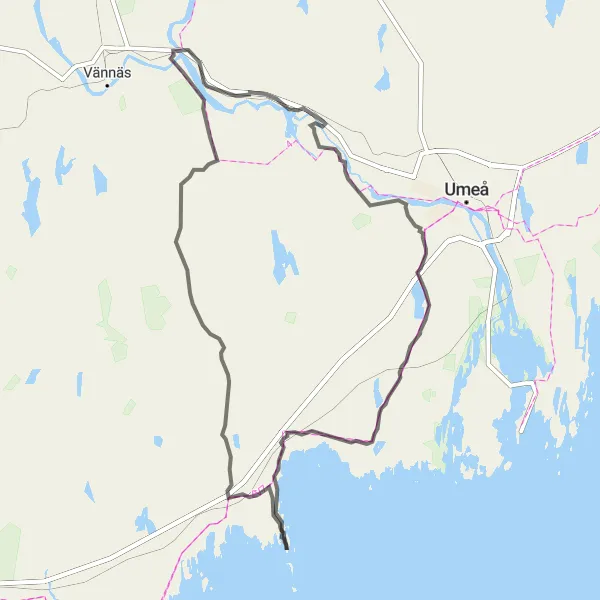 Map miniature of "Road Cycling Challenge to Norrfors and Lidberget" cycling inspiration in Övre Norrland, Sweden. Generated by Tarmacs.app cycling route planner