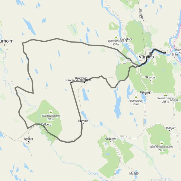 Kartminiatyr av "Vännäsby-Västeråsberget Road Loop" cykelinspiration i Övre Norrland, Sweden. Genererad av Tarmacs.app cykelruttplanerare