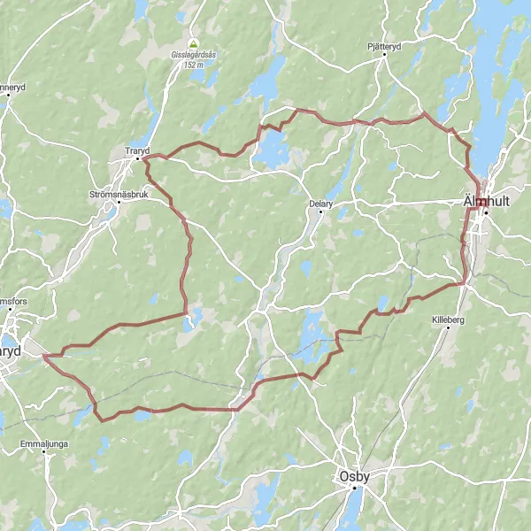 Kartminiatyr av "Loshult och Traryd Upptäckelse" cykelinspiration i Småland med öarna, Sweden. Genererad av Tarmacs.app cykelruttplanerare