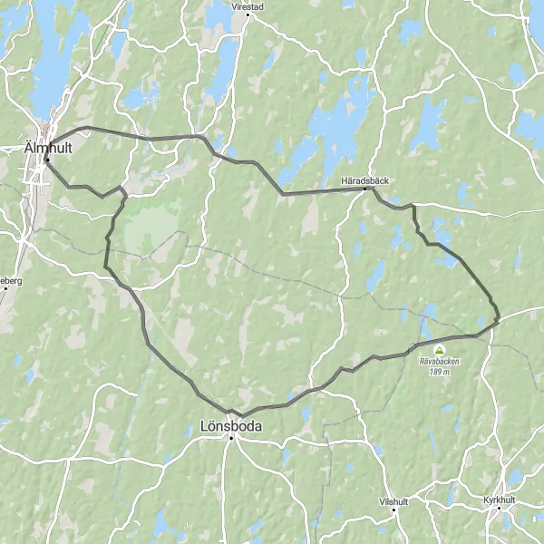 Kartminiatyr av "Häradsbäck Upplevelseväg" cykelinspiration i Småland med öarna, Sweden. Genererad av Tarmacs.app cykelruttplanerare