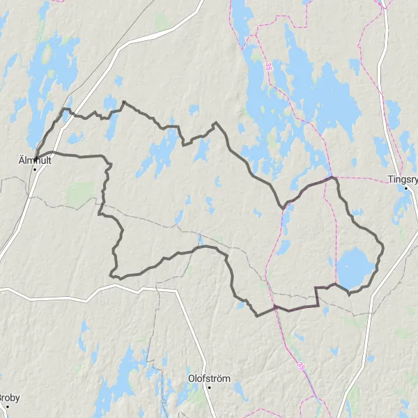 Map miniature of "Älmhult and Beyond" cycling inspiration in Småland med öarna, Sweden. Generated by Tarmacs.app cycling route planner