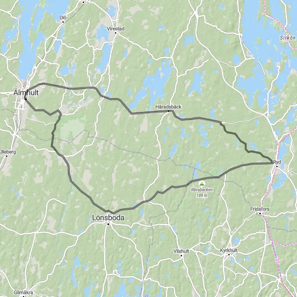 Map miniature of "Älmhult to Tröjemåla Loop" cycling inspiration in Småland med öarna, Sweden. Generated by Tarmacs.app cycling route planner
