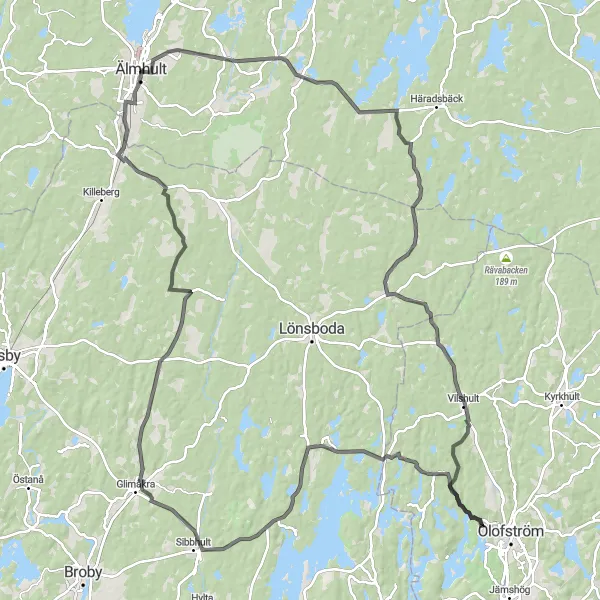 Kartminiatyr av "Landsvägsäventyr till Loshult" cykelinspiration i Småland med öarna, Sweden. Genererad av Tarmacs.app cykelruttplanerare