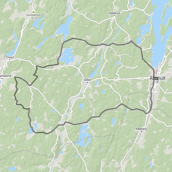 Kartminiatyr av "Hallaryd Naturutflykt" cykelinspiration i Småland med öarna, Sweden. Genererad av Tarmacs.app cykelruttplanerare