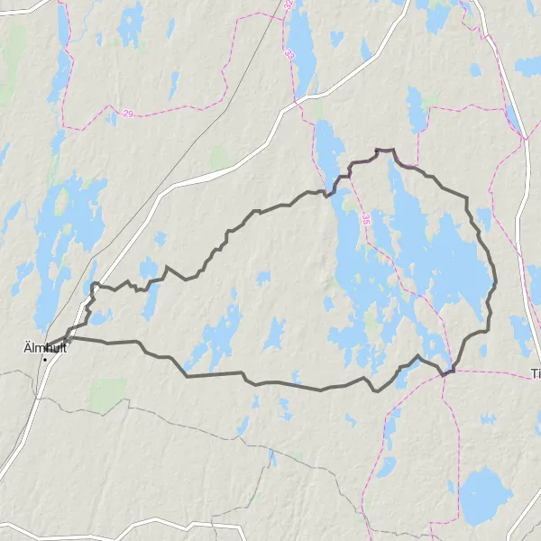 Map miniature of "Älmhult to Virestad Loop" cycling inspiration in Småland med öarna, Sweden. Generated by Tarmacs.app cycling route planner