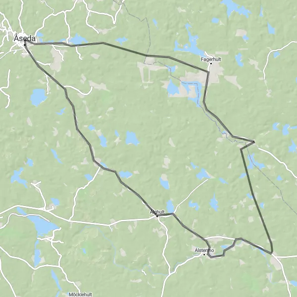 Kartminiatyr av "Rundtur till Alstermo och Älghult" cykelinspiration i Småland med öarna, Sweden. Genererad av Tarmacs.app cykelruttplanerare