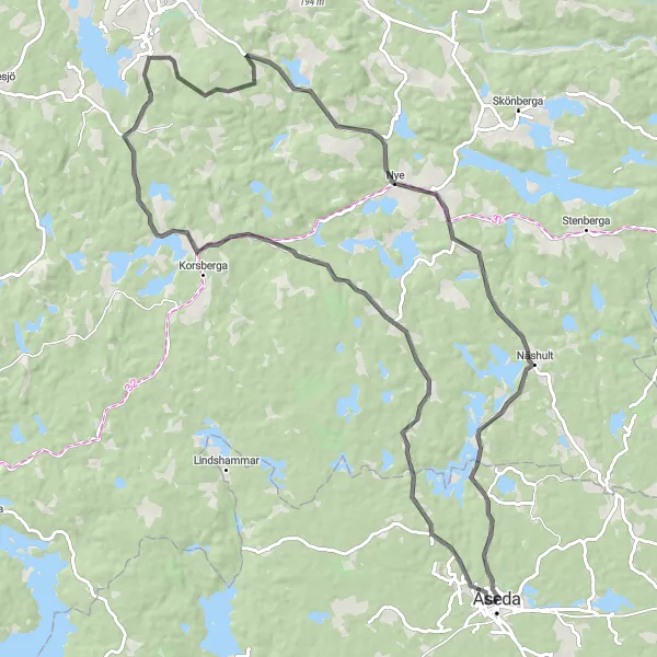 Kartminiatyr av "Vägcykling runt Åseda" cykelinspiration i Småland med öarna, Sweden. Genererad av Tarmacs.app cykelruttplanerare