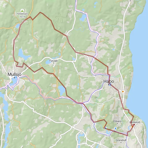 Map miniature of "Bankeryd to Kyrkbyn and Backamo Gravel Cycling Route" cycling inspiration in Småland med öarna, Sweden. Generated by Tarmacs.app cycling route planner