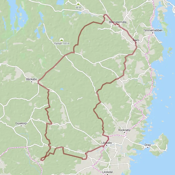 Map miniature of "The Coastal Gravel Ride" cycling inspiration in Småland med öarna, Sweden. Generated by Tarmacs.app cycling route planner