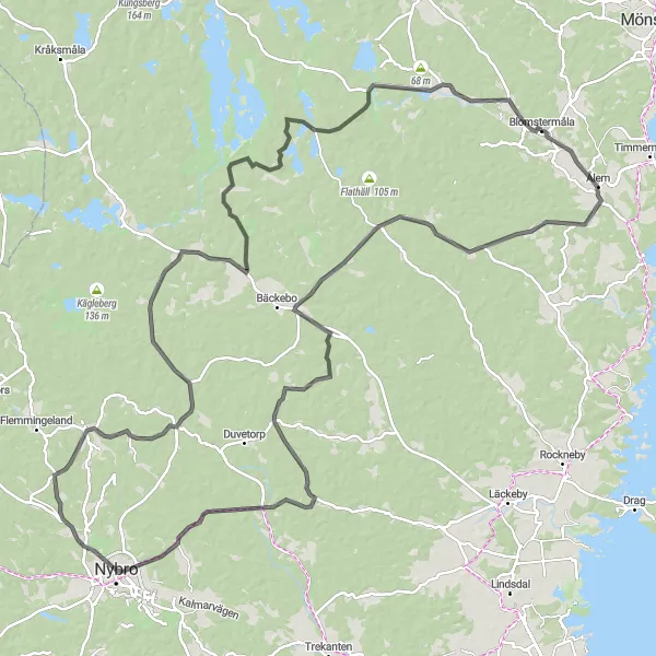 Map miniature of "Southern Coastal Loop" cycling inspiration in Småland med öarna, Sweden. Generated by Tarmacs.app cycling route planner