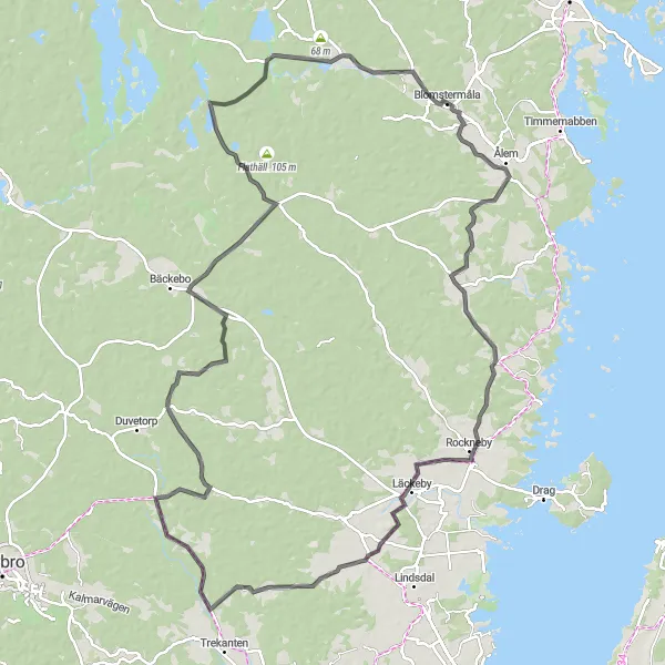 Map miniature of "Blomstermåla to Läckeby Countryside Cycle" cycling inspiration in Småland med öarna, Sweden. Generated by Tarmacs.app cycling route planner