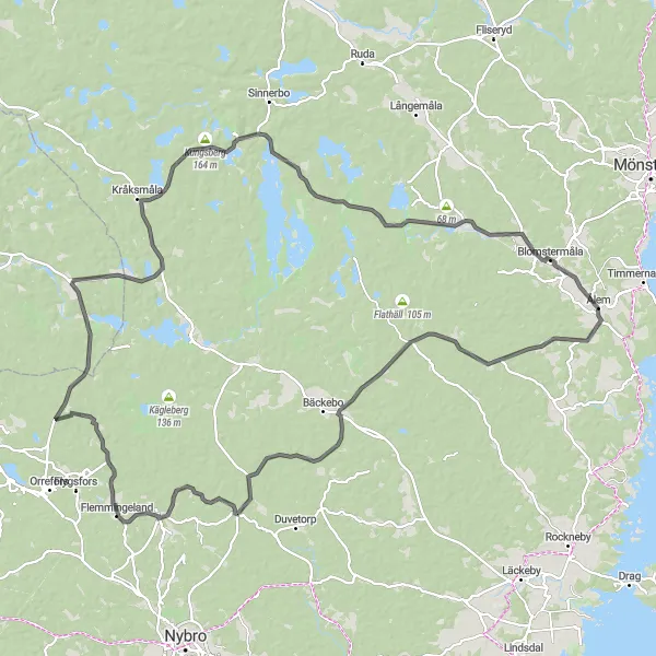 Map miniature of "Blomstermåla Scenic Route to Kungsberg" cycling inspiration in Småland med öarna, Sweden. Generated by Tarmacs.app cycling route planner