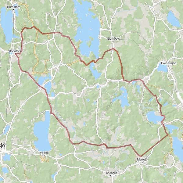 Map miniature of "Myresjö and Nävelsjö Gravel Adventure" cycling inspiration in Småland med öarna, Sweden. Generated by Tarmacs.app cycling route planner