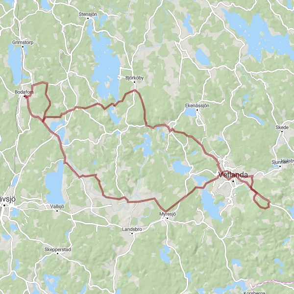 Map miniature of "Vetlanda and Norra Sandsjön Gravel Adventure" cycling inspiration in Småland med öarna, Sweden. Generated by Tarmacs.app cycling route planner
