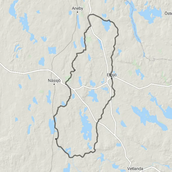 Map miniature of "Anneberg and Eksjö Loop" cycling inspiration in Småland med öarna, Sweden. Generated by Tarmacs.app cycling route planner