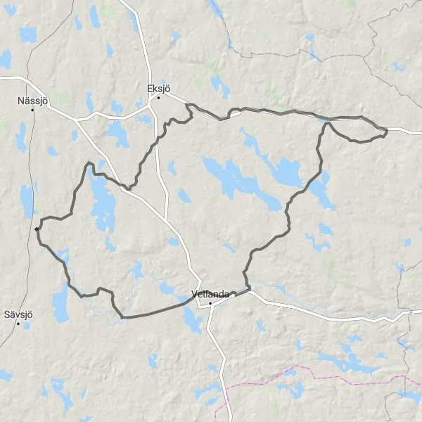 Map miniature of "Bruzaholm and Vetlanda Loop" cycling inspiration in Småland med öarna, Sweden. Generated by Tarmacs.app cycling route planner