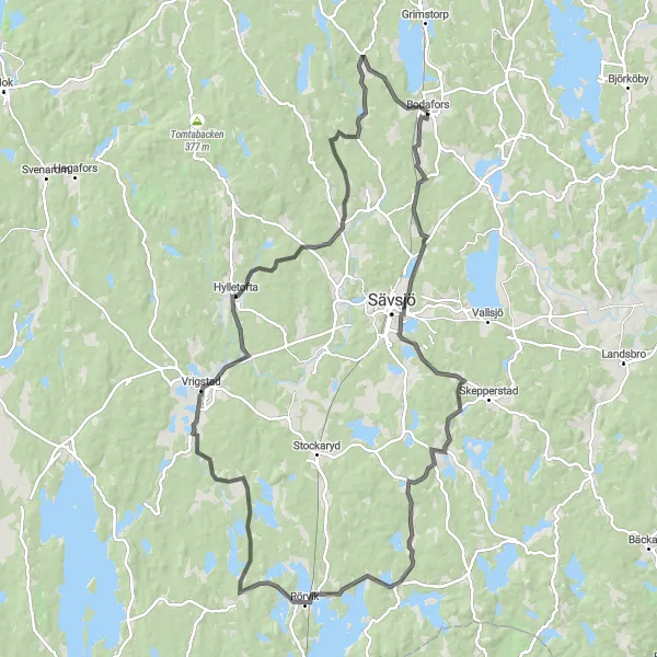 Map miniature of "Hylletofta and Hultsjö Loop" cycling inspiration in Småland med öarna, Sweden. Generated by Tarmacs.app cycling route planner