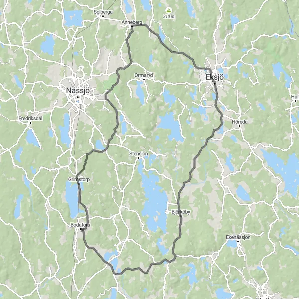 Map miniature of "Eksjö and Björköby Circuit" cycling inspiration in Småland med öarna, Sweden. Generated by Tarmacs.app cycling route planner