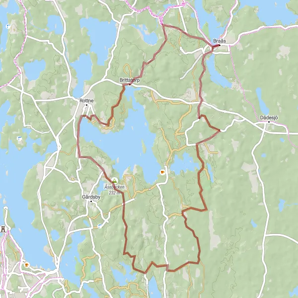 Kartminiatyr av "Braås till Åsabacken och Gasslanda Gravelväg" cykelinspiration i Småland med öarna, Sweden. Genererad av Tarmacs.app cykelruttplanerare