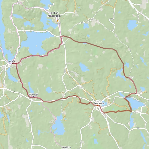 Kartminiatyr av "Braås till Dädesjö Gravel Tour" cykelinspiration i Småland med öarna, Sweden. Genererad av Tarmacs.app cykelruttplanerare