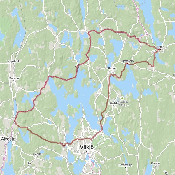 Kartminiatyr av "Rundtur från Braås till Östanåkra på Grusvägar" cykelinspiration i Småland med öarna, Sweden. Genererad av Tarmacs.app cykelruttplanerare