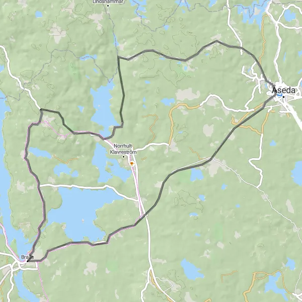 Kartminiatyr av "Braås till Åseda Road Cycle" cykelinspiration i Småland med öarna, Sweden. Genererad av Tarmacs.app cykelruttplanerare